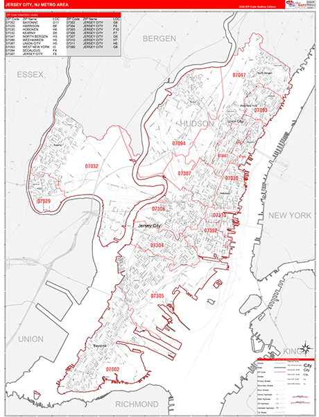 Jersey City Metro Area Zip Code Wall Map